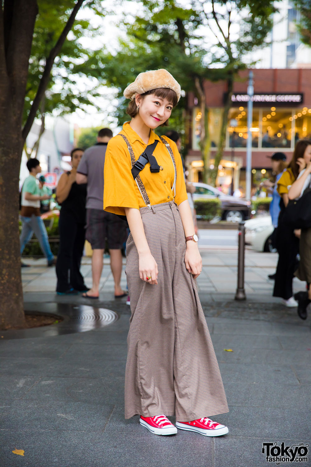 Retro Tokyo Street Style w/ Newsboy Cap, Leopard Suspenders, Wide Leg Pants & Ungrid Japan