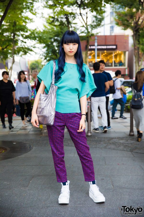 Blue-Haired Harajuku Girl in Plaid Pants, Tokyo Bopper Platforms, Opening Ceremony & Vivienne Westwood