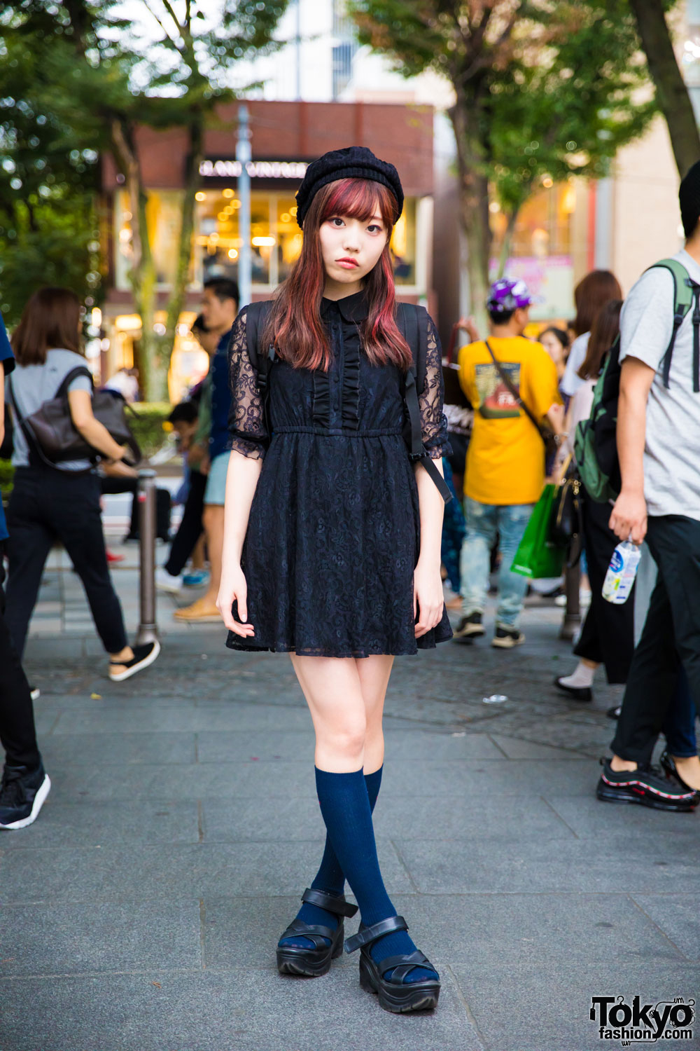 Harajuku Girl in Bubbles Tokyo Black Lace Dress, Platform Sandals & Beret