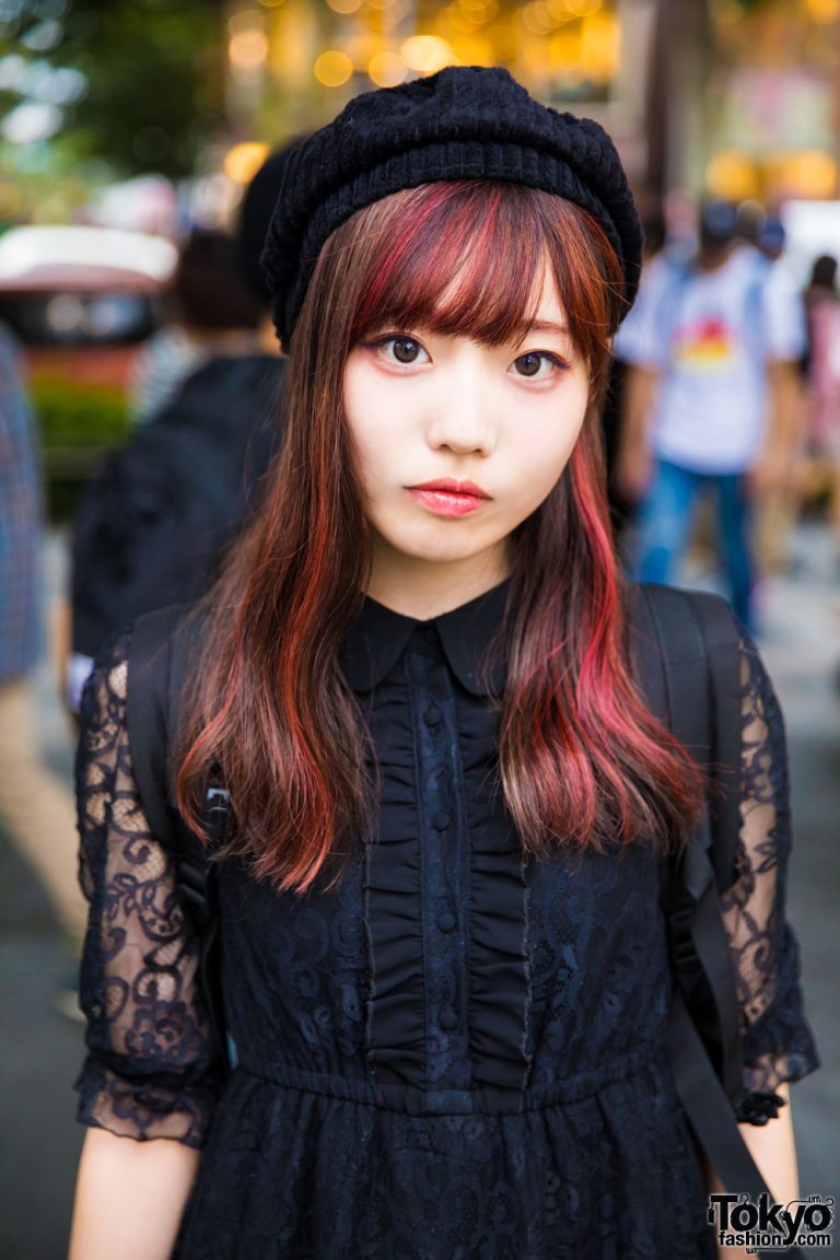 Harajuku Girl in Bubbles Tokyo Black Lace Dress, Platform Sandals & Beret Tokyo Fashion