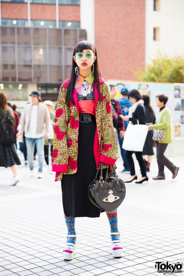 Japanese Fashion Student in Vintage Mixed Prints Street Style w/ Bubbles Tokyo & Vivienne Westwood