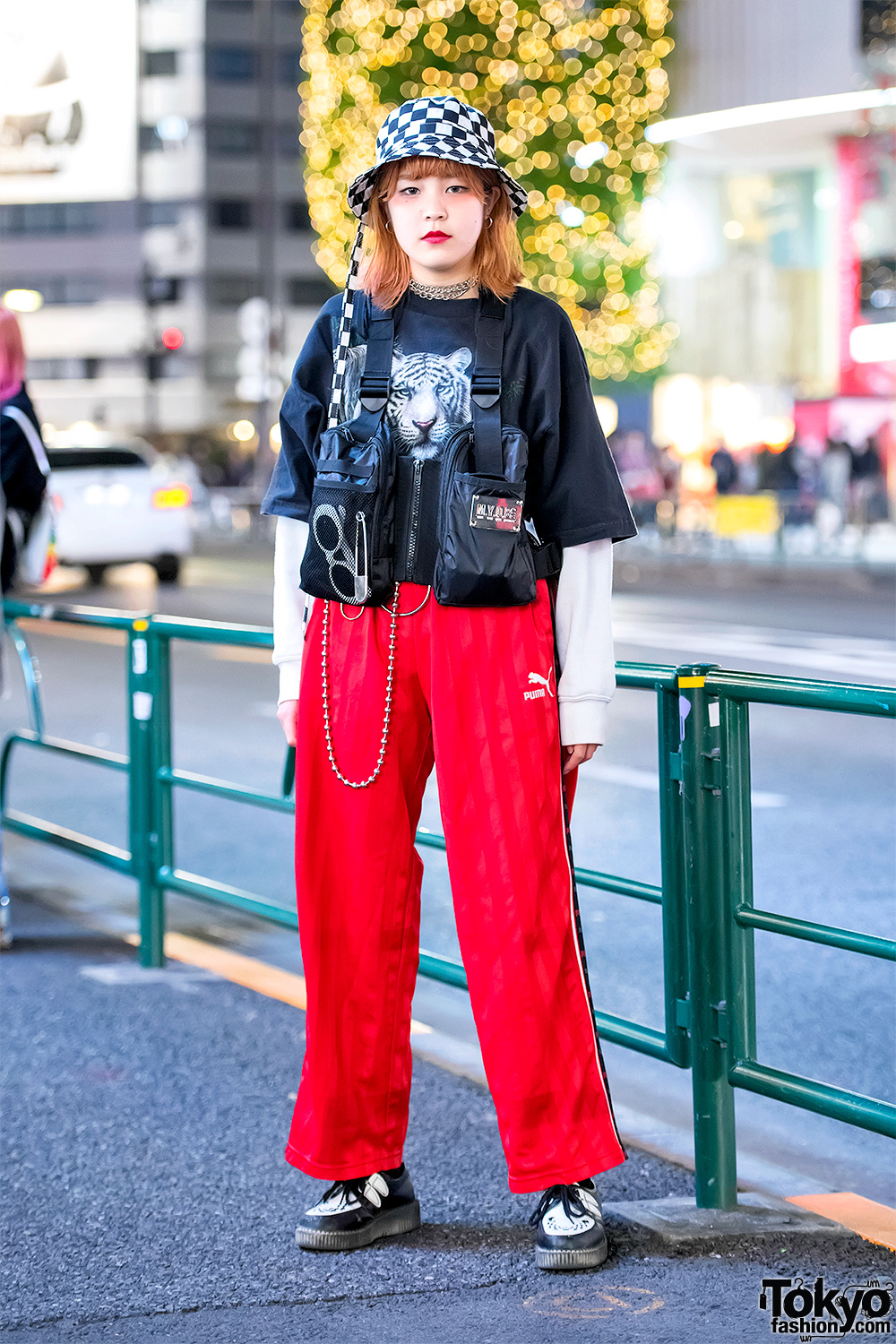 Harajuku Girl in MYOB NYC Vest, Puma Pants, Checkerboard Bucket Hat & Creepers