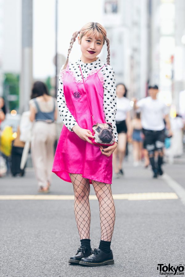 Harajuku Girl in Little Sunny Bite Satin Dress, Flying Tiger Pug Bag & Dr. Martens Shoes