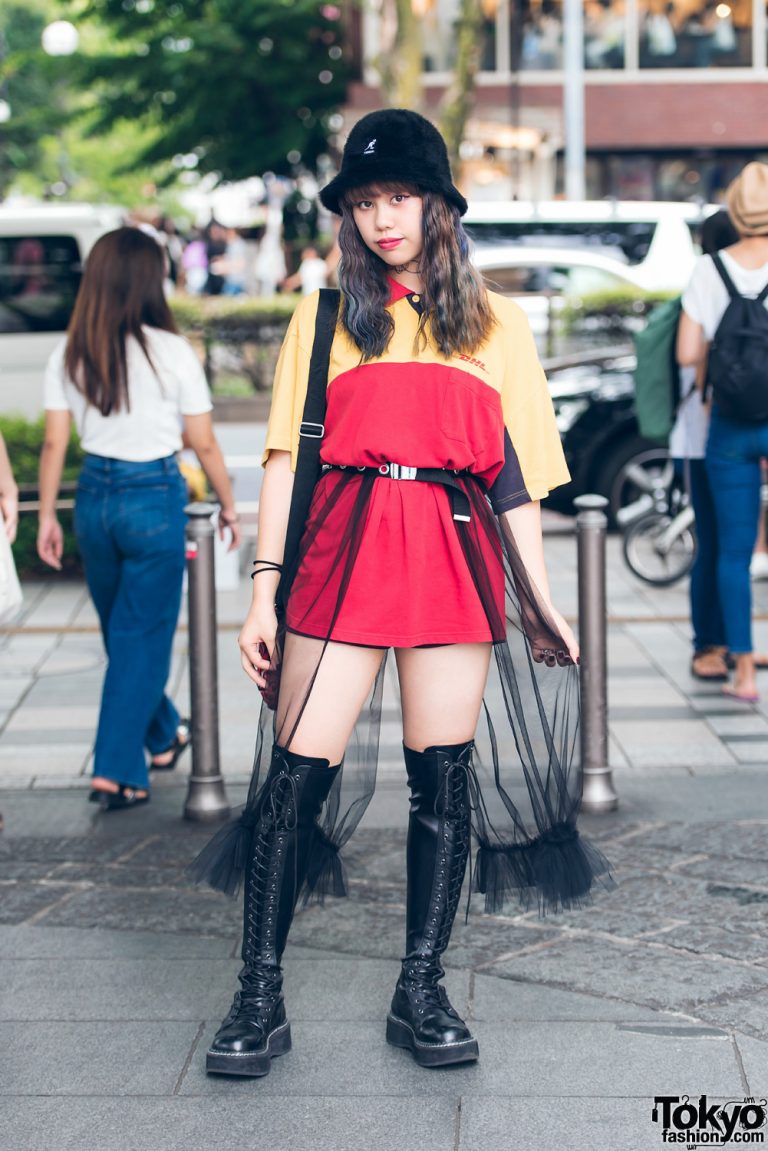 Harajuku Girl Streetwear w/ DHL Shirt, Sheer Skirt, Kangol Bucket Hat ...