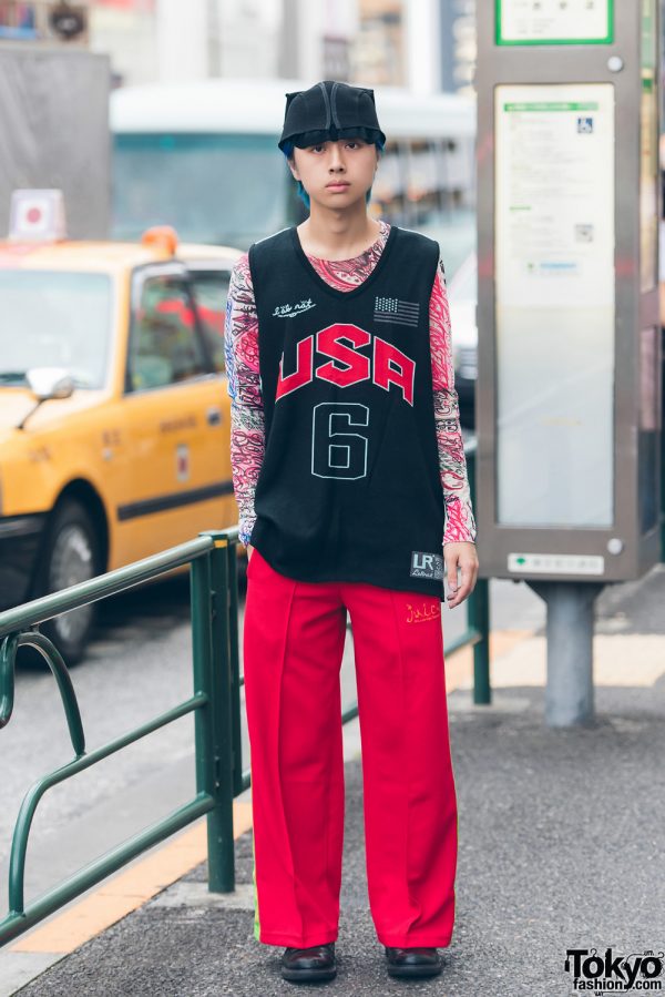 Harajuku Guy in Red & Black Vintage Streetwear w/ Labrat & Comme des Garcons Homme Plus