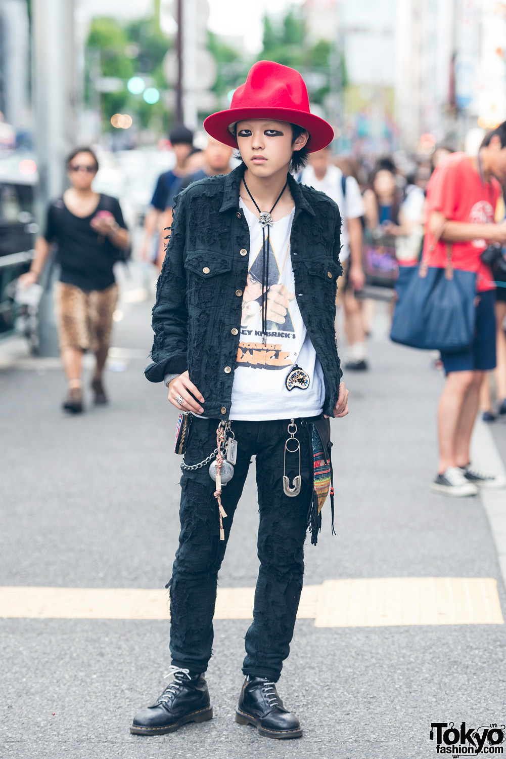 Harajuku Guy in Distressed Denim Street Style w/ Blackmeans, A Clockwork Orange & Dr. Martens