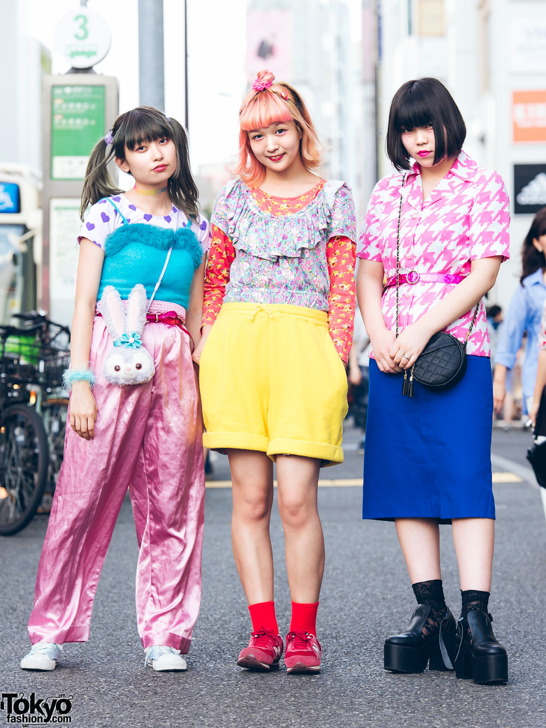 Harajuku Trio in Colorful Mixed Prints Street Styles w/ Kinji, Peco Club, New York Joe, WEGO, Disney, Bubbles, Kenzo, RRR & New Balance
