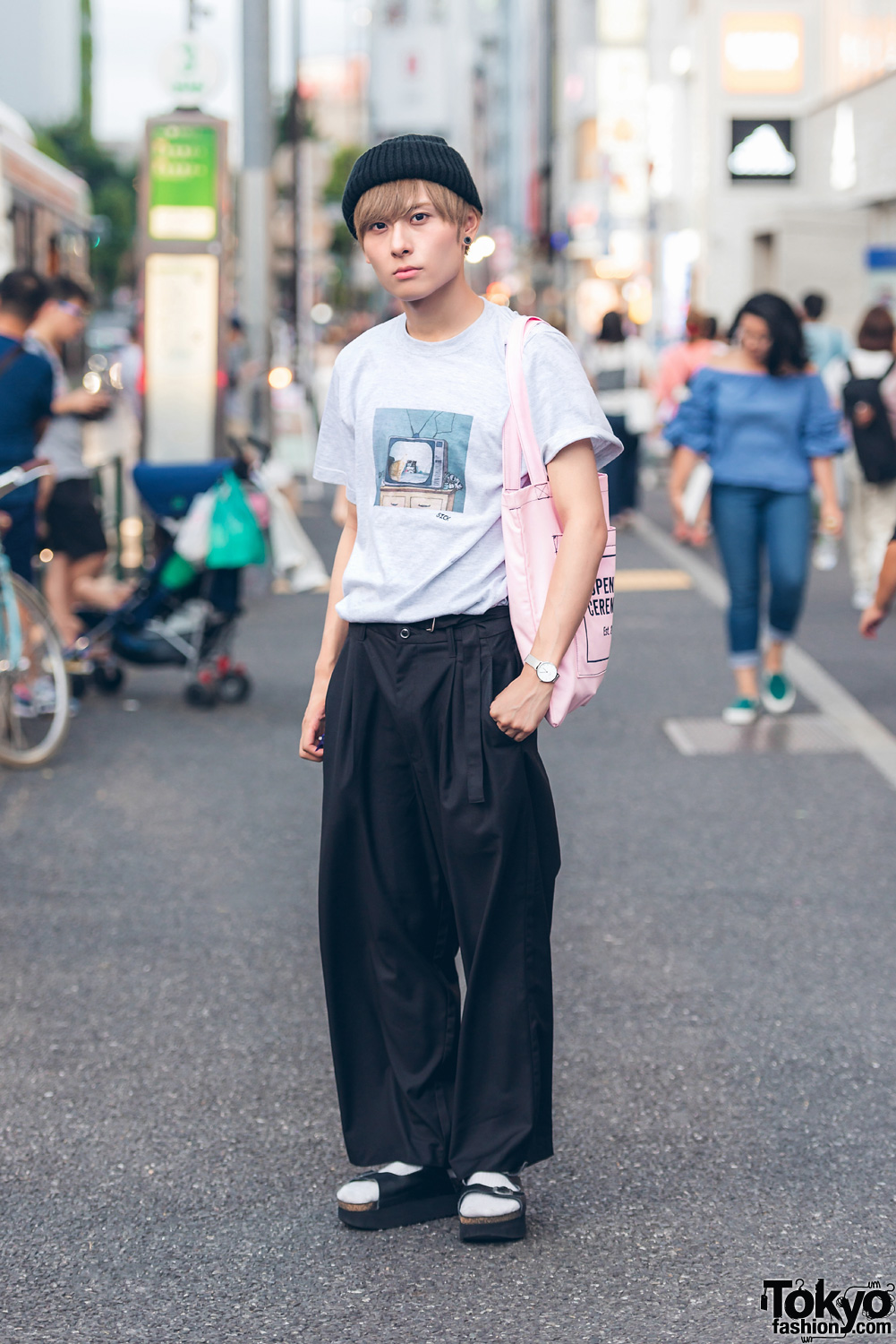 Japanese Performer Takkun in Harajuku Wearing Minimalist Street Style w/ I&ME, Jeffrey Campbell, Opening Ceremony & Daniel Wellington