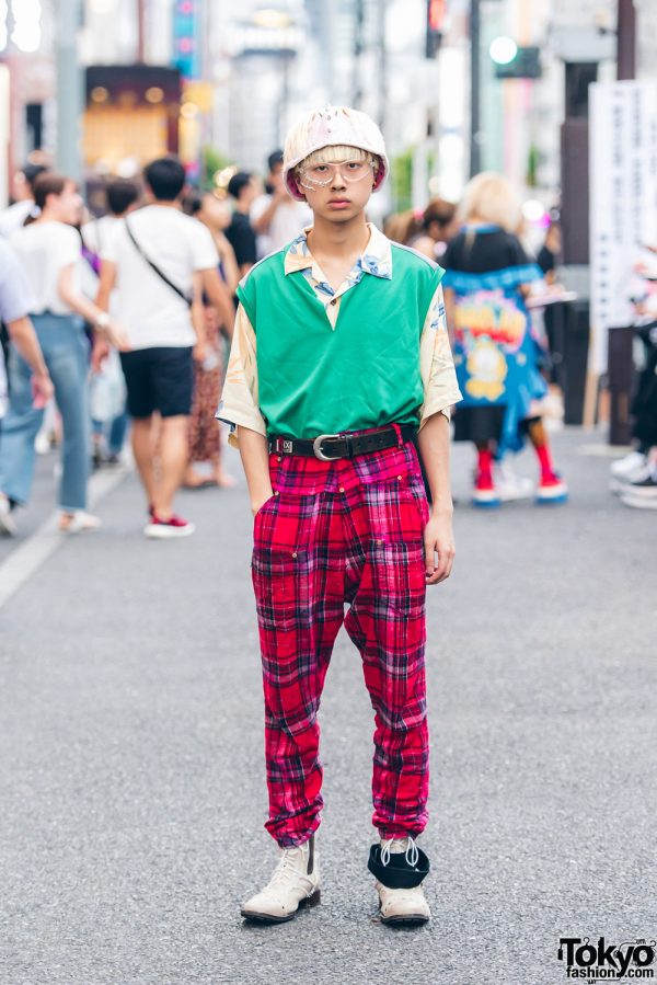 Harajuku Guy in Vintage Street Fashion w/ Vest Over Shirt, Plaid Pants & Dog Harajuku Spiked Hat