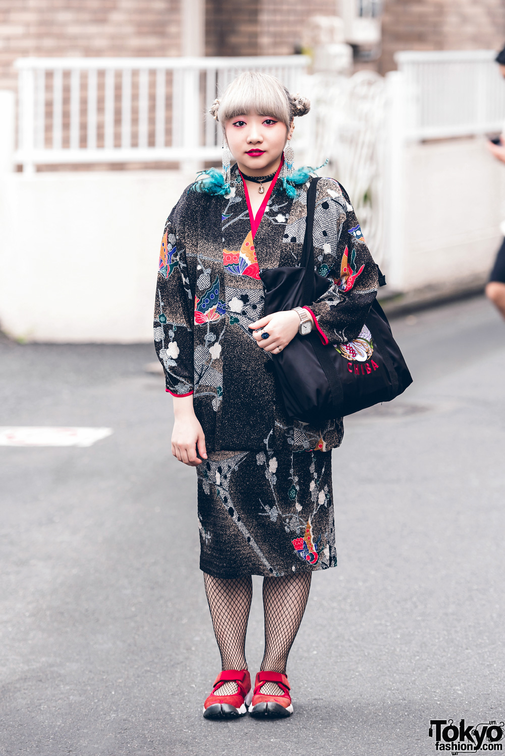 Harajuku Girl w/ Twin Buns Hair in Vintage Fashion, Sukajan Bag & Split Toe Sneakers