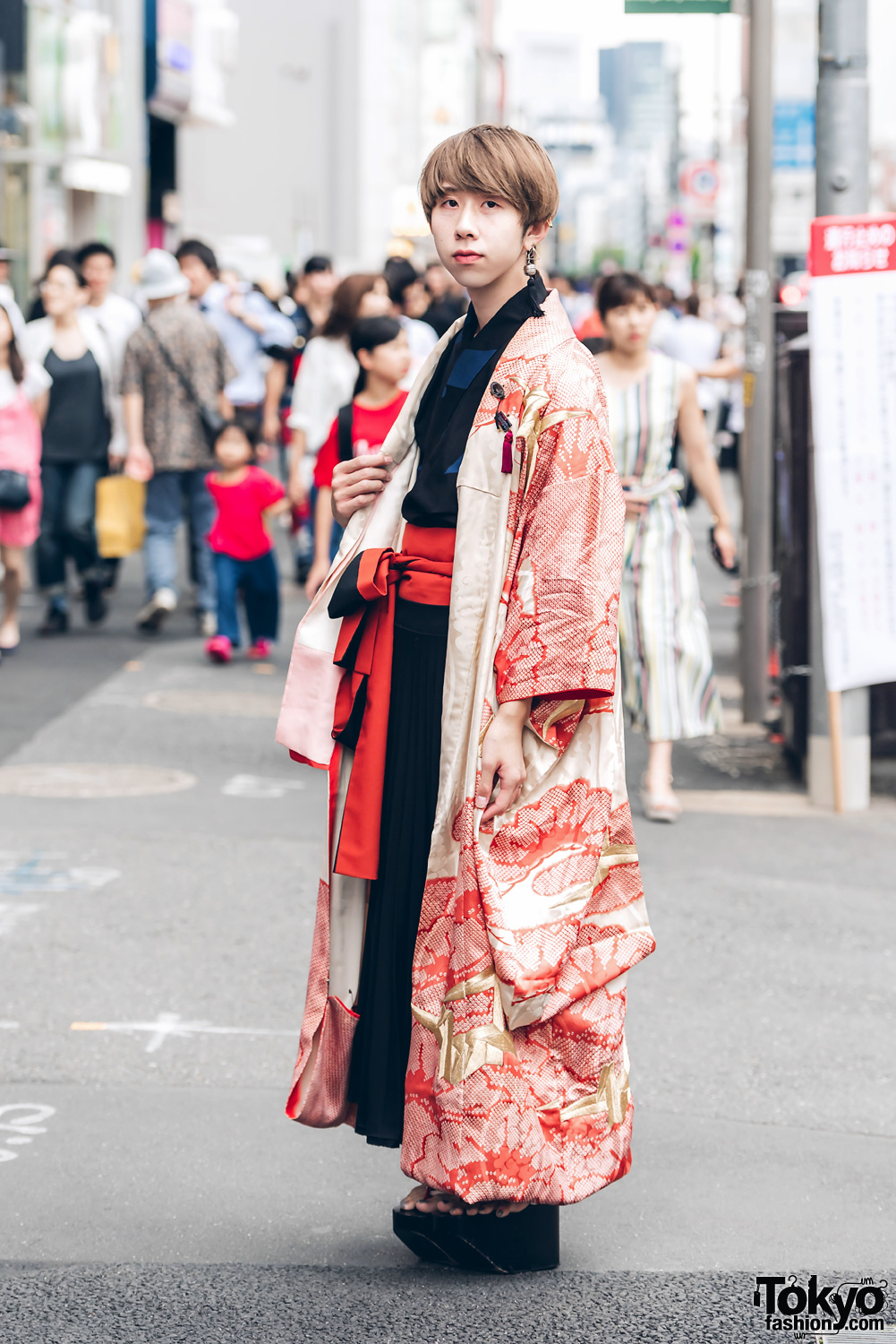 Harajuku Guy in Kimono Street Street Style w/ Okobo Geta Sandals & Gucci Handbag