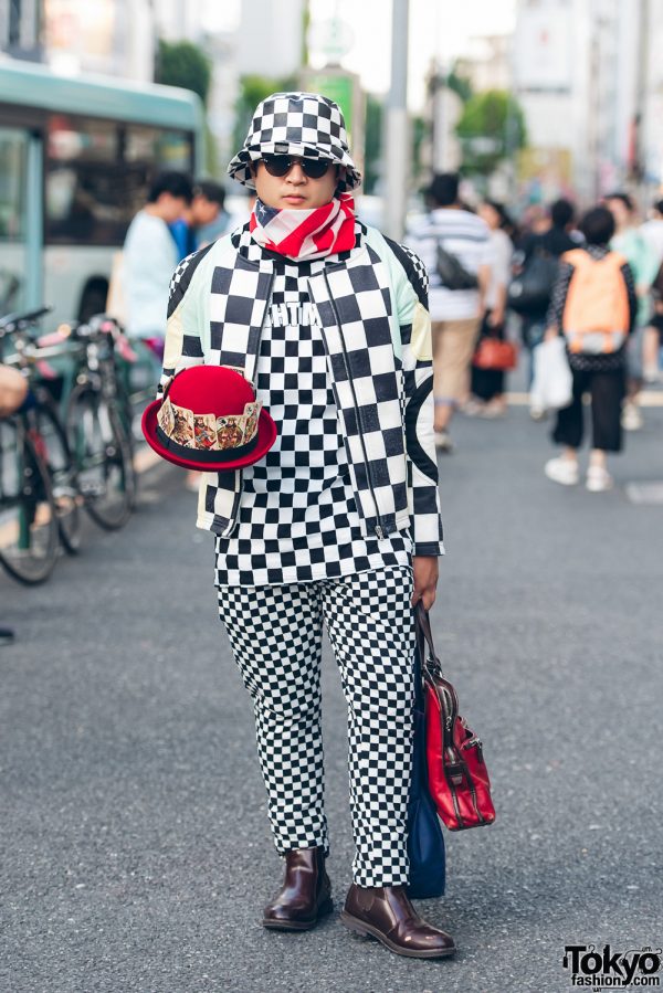 Avant-Garde Checkerboard Harajuku Street Style w/ Bowler Hat, Vintage Playing Cards & Chelsea Boots