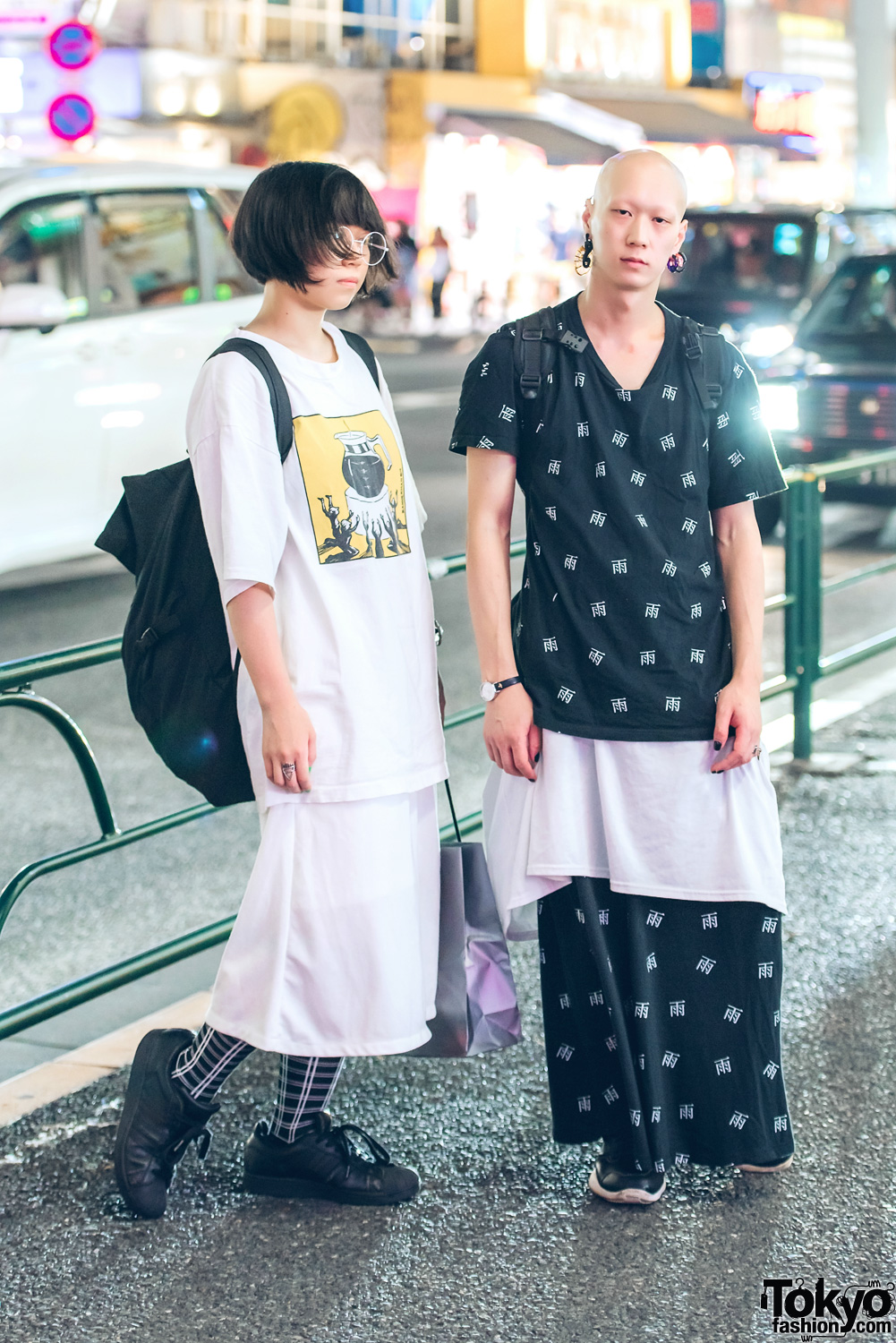 Harajuku Duo in Monochrome T-Shirt & Long Skirt Fashion w/ Adidas, Dickies, Nyulycadelic, Amatsukami Tokyo, Rick Owens & Vivienne Westwood