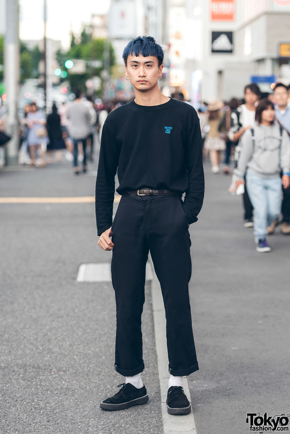 Blue-Haired Harajuku Guy in Minimal Streetwear w/ Creative, Dickies & Vintage Suede Sneakers