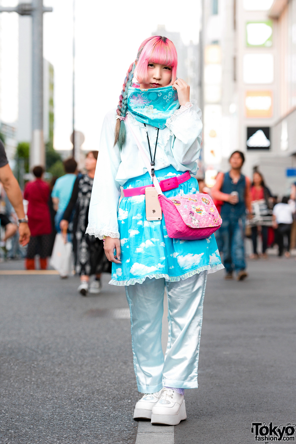 Handmade Harajuku Street Style w/ Clouds, Flowers, Pink Hair, Piercings, Cowl Scarf, Flappy & Choppy