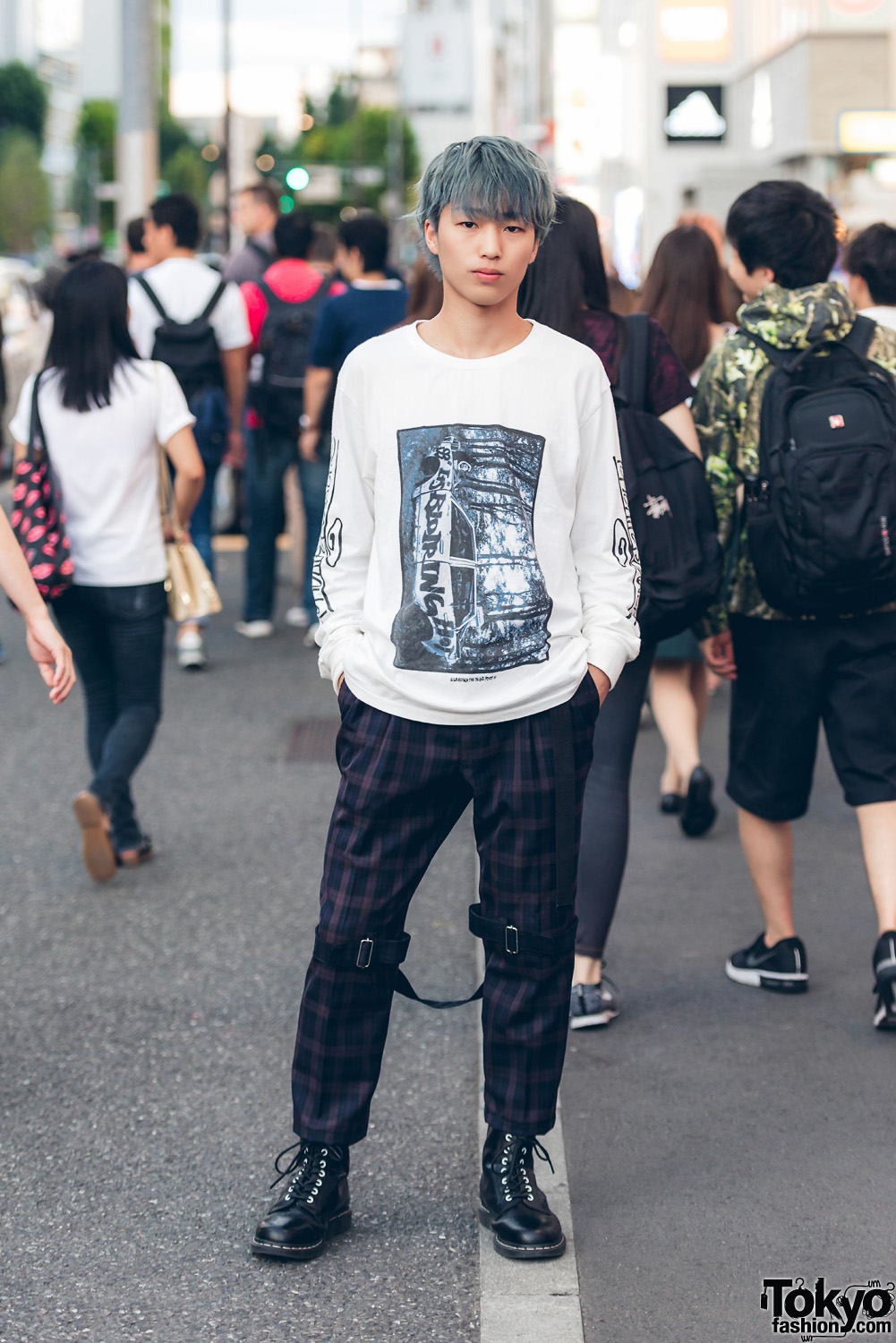Grey-Haired Harajuku Guy Street Style w/ Sprout 2nd, Dr. Martens & Punk Leg Straps