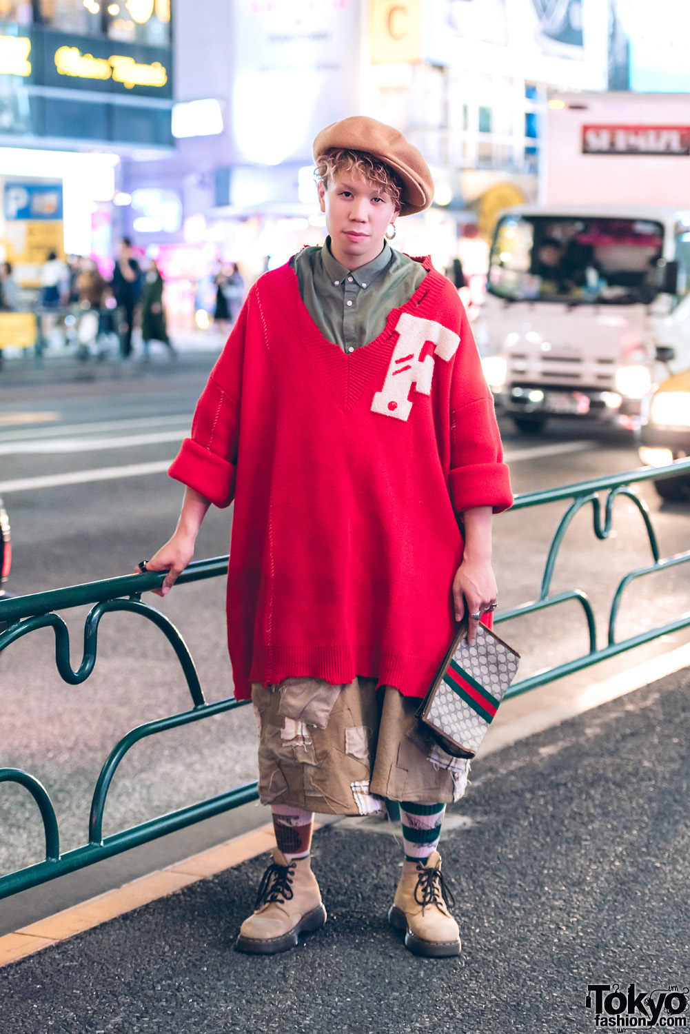 Harajuku Guy in Oversized Vintage Street Fashion w/ Raf Simons, Dr. Martens & Gucci Clutch