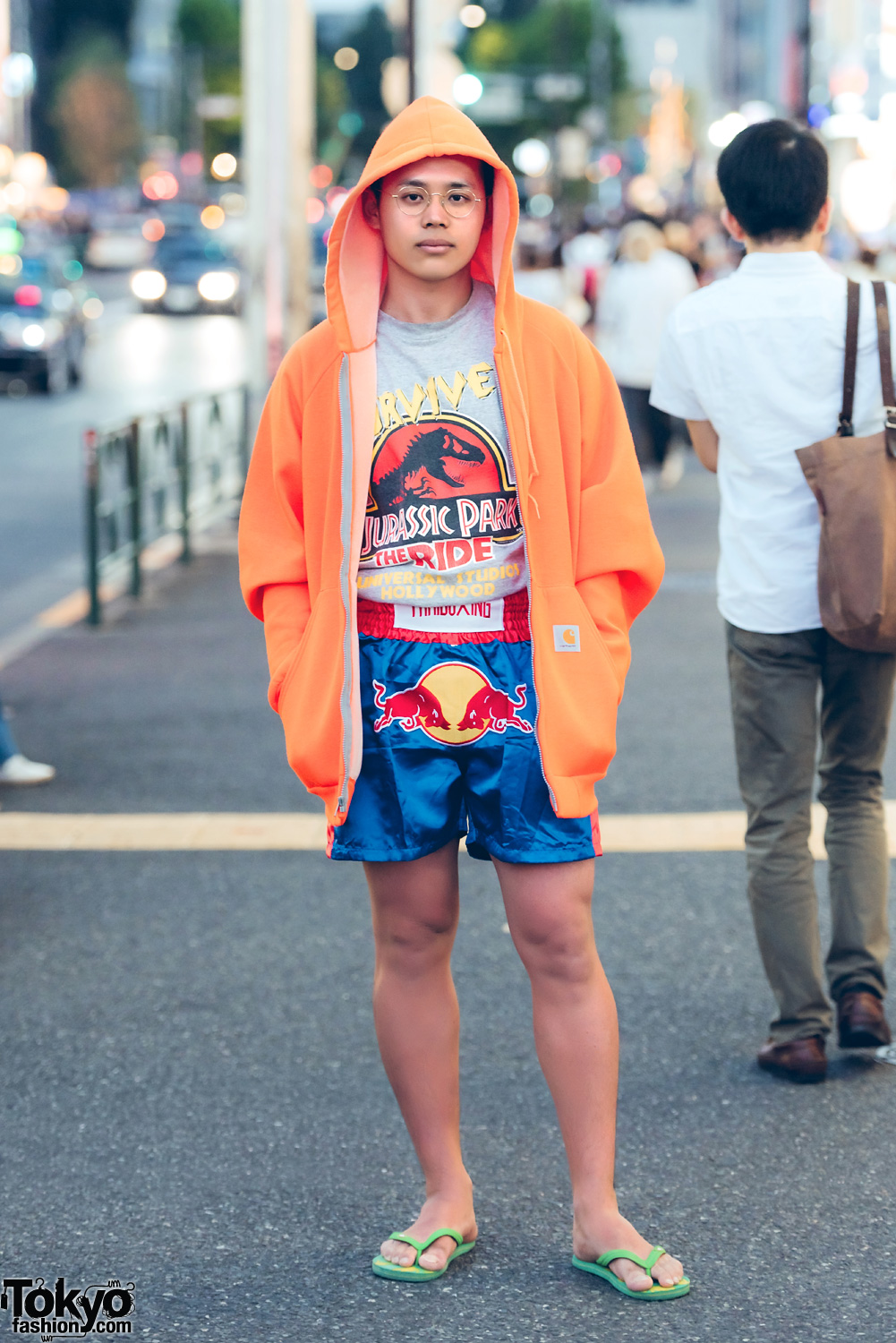 Streetwear Style in Harajuku w/ Carhartt, Jurassic, Red Bull & Thailand Bought Flip Flops