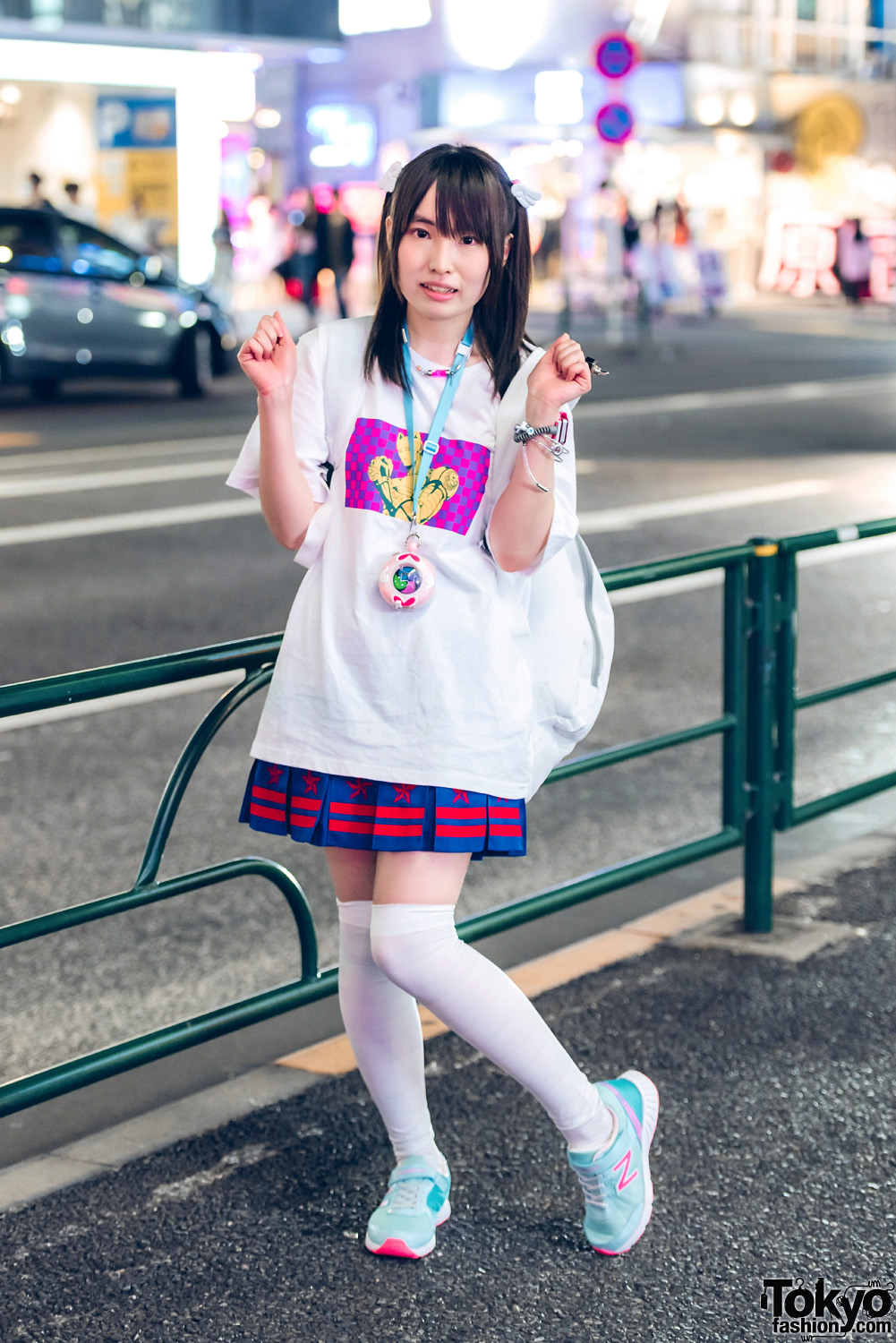 Harajuku Girl in Pleated Skirt & Pastel Sneakers Fashion w/ WEGO, Hellcat Punks, New Balance & Galaxxxy