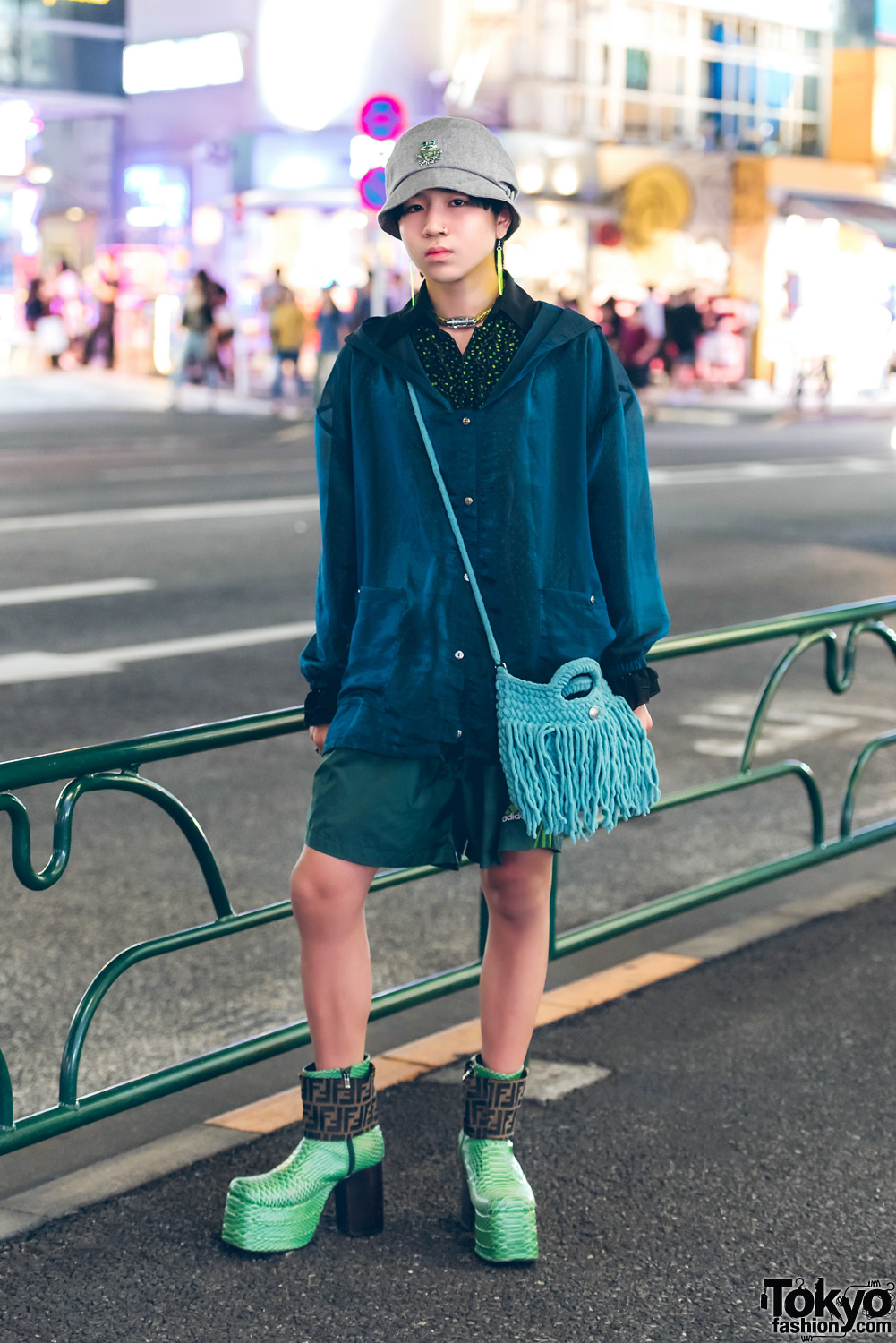 Harajuku Guy in Shades of Green Street Style w/ Kinji, Adidas, Apollo & Vintage Platform Boots