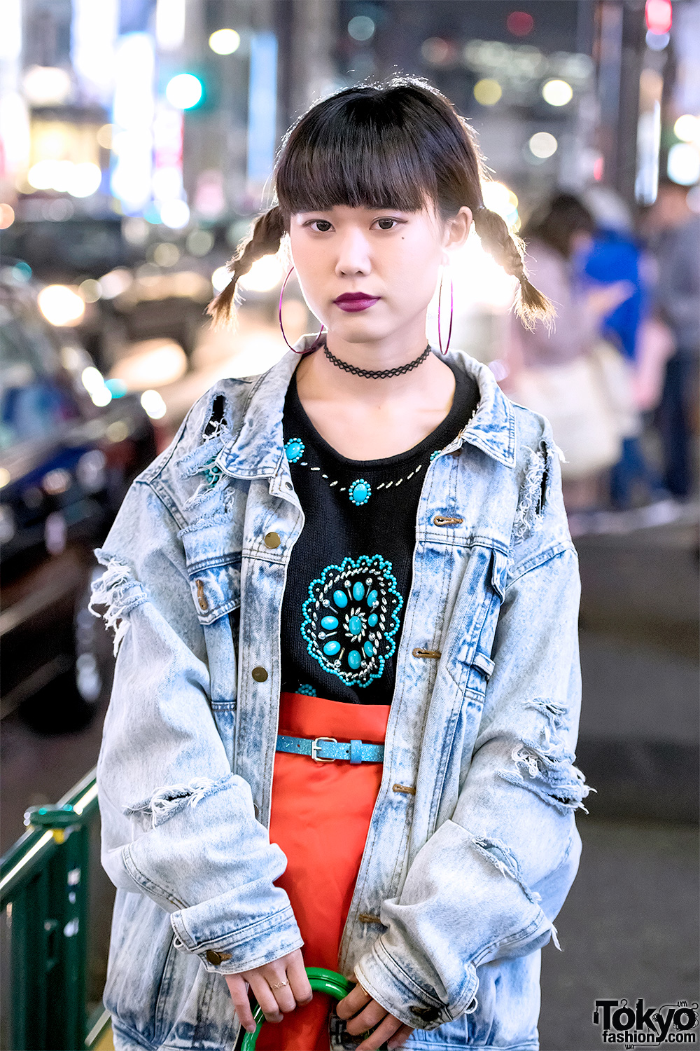 Harajuku Girl in Acid Wash Denim, Turquoise & Platform Boots w