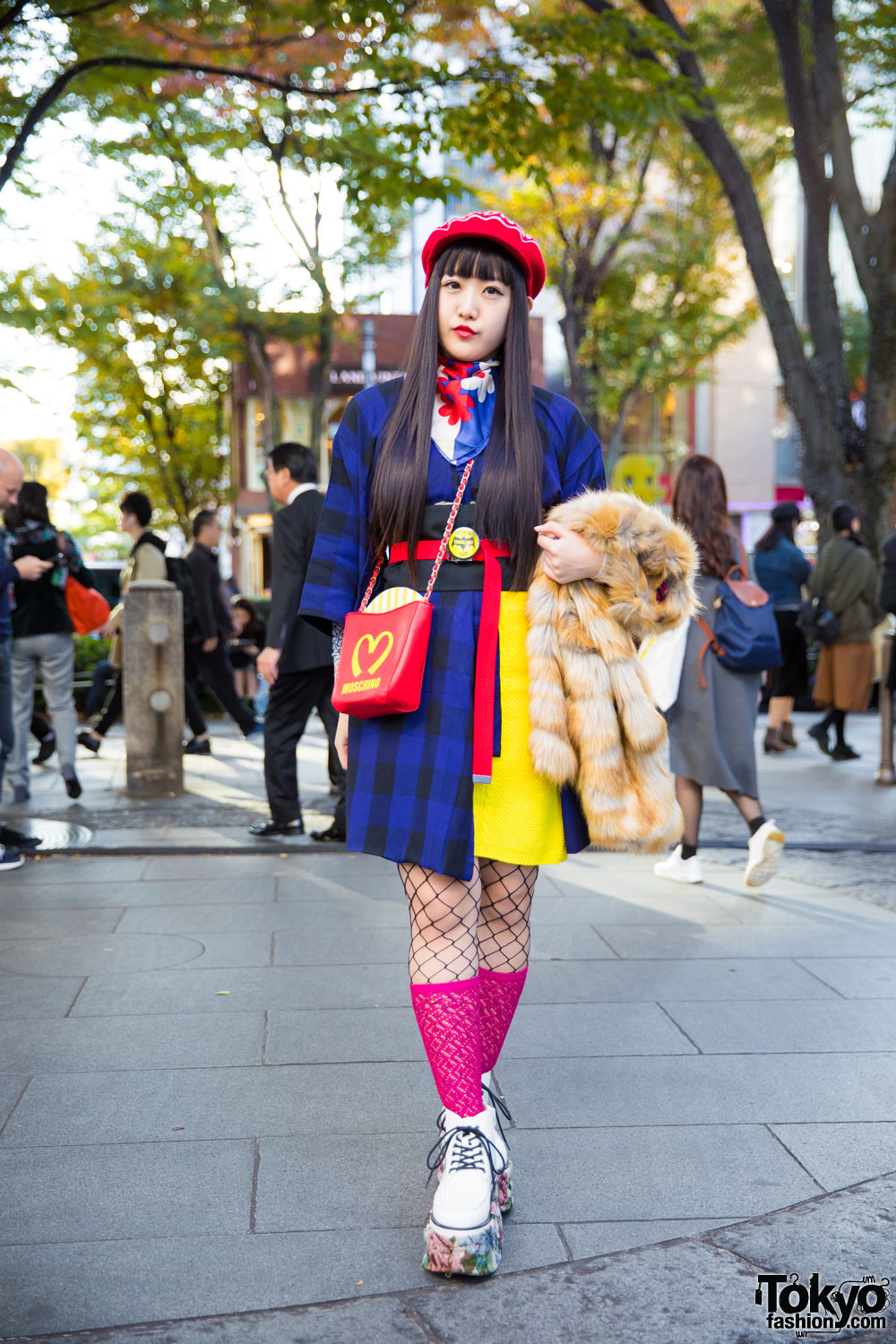 Harajuku Girl in Fun Street Style w/ Betty Boop Kimono, Moschino French Fries & Floral Platforms