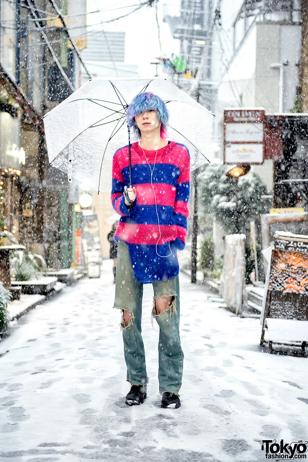 Snowy Harajuku Street Style w/ Blue-Pink Hair, Nincompoop Capacity Sweater, Levi's & Dr. Martens