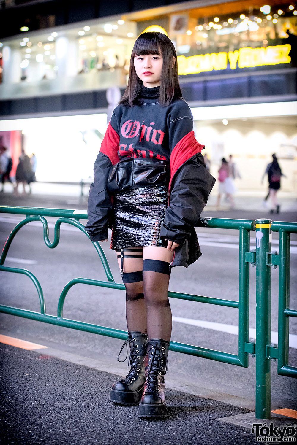 Harajuku Girl in Off Shoulder Jacket, Ohio State Sweatshirt, Faith Tokyo Faux Leather Skirt & Demonia