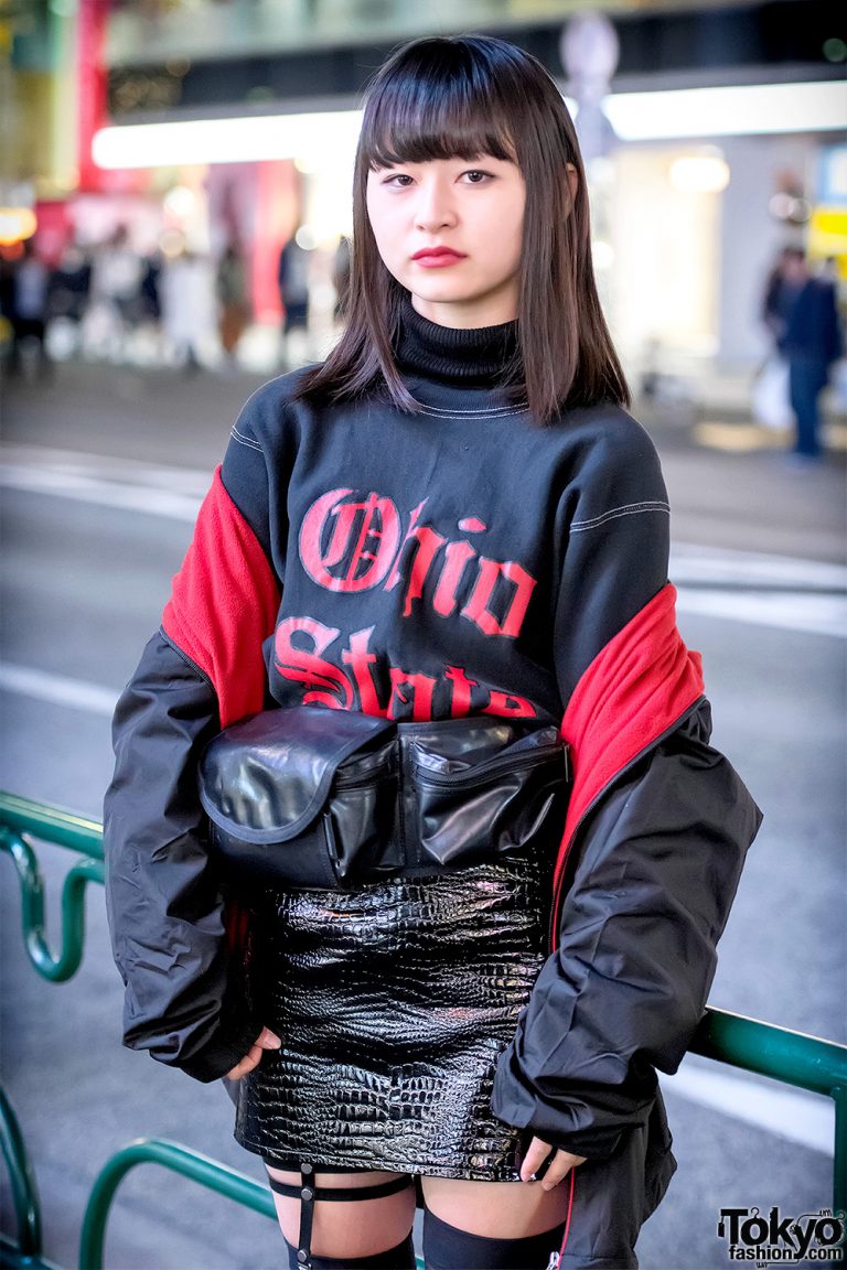 Harajuku Girl in Off Shoulder Jacket, Ohio State Sweatshirt, Faith ...