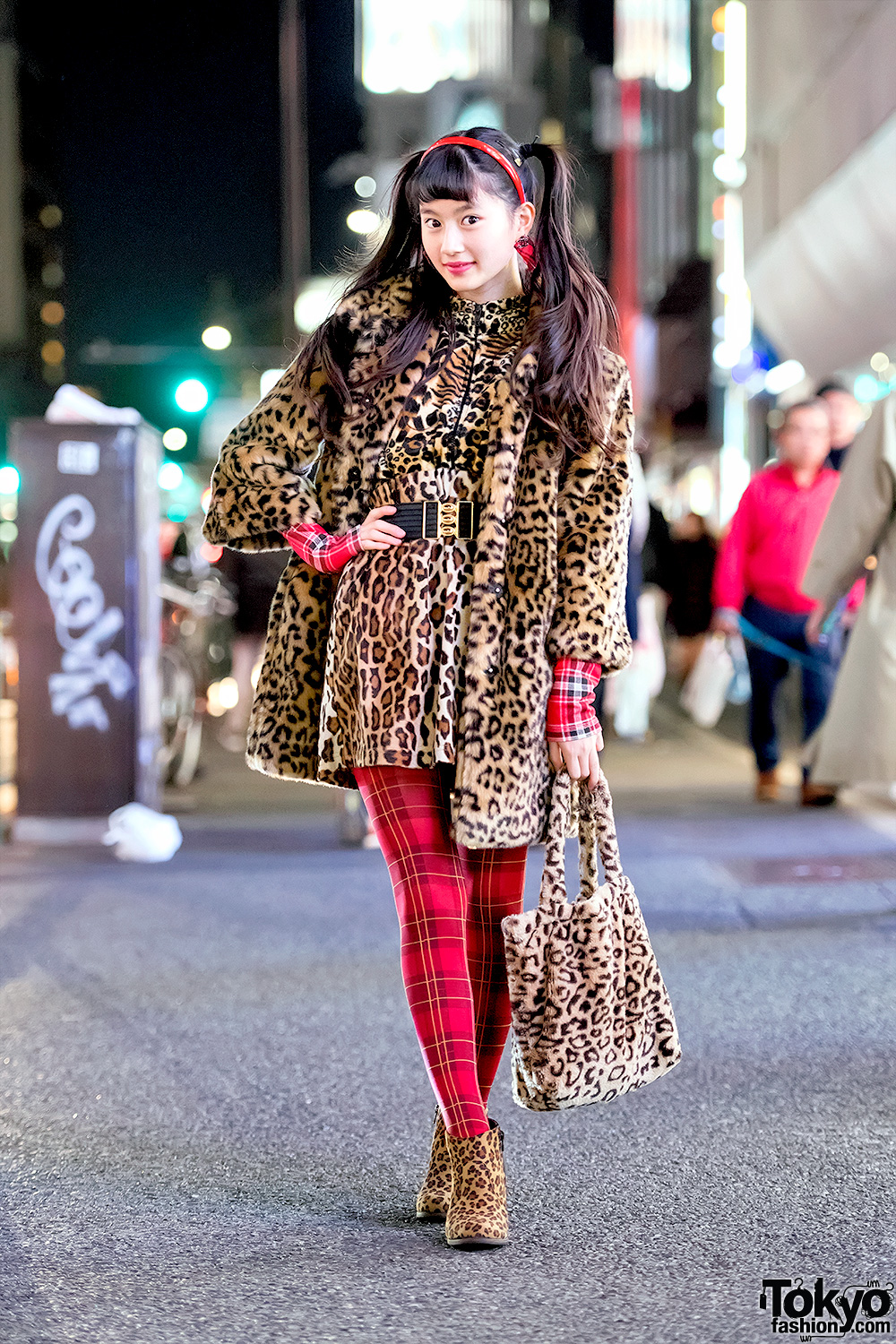 Harajuku Teen Street Style w/ Leopard Print Coat Over Leopard Dress, Leopard Booties & Leopard Bag