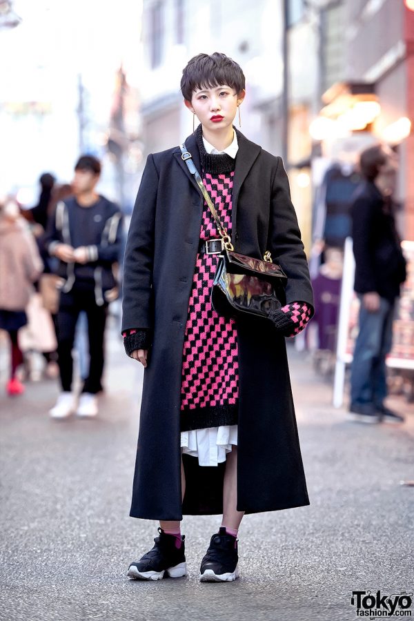 Harajuku Girl w/ Short Hairstyle in Maxi Coat, Reebok Pump Sneakers & Ferragamo Purse