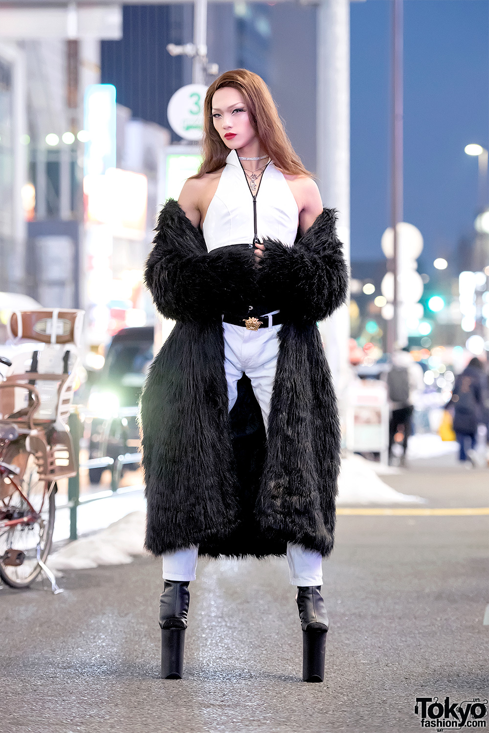 Super Tall High Heels by Pleaser, Faux Fur Coat & For Your Pleasure Japan Street Style