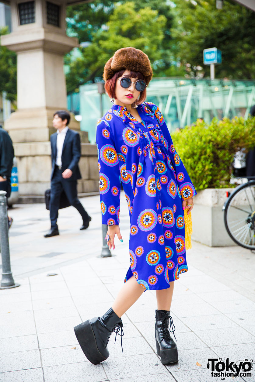 J-Pop Singer Mikuro Mika in Harajuku w/ Colorful Vintage Dress, Platform Boots & Kate Spade Tassel Bag
