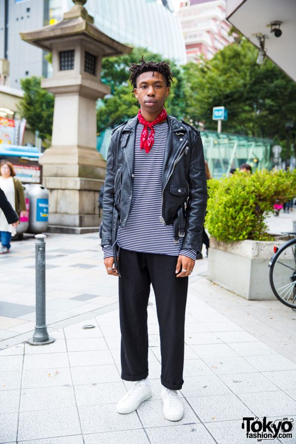 Musician Blessed Samuel in Harajuku Streetwear w/ Leather Jacket, Striped Shirt & Sneakers