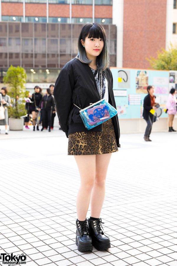 Tokyo Street Style w/ Bubbles Leopard Print Skirt, Anna Sui Transparent Bag & Yosuke Boots