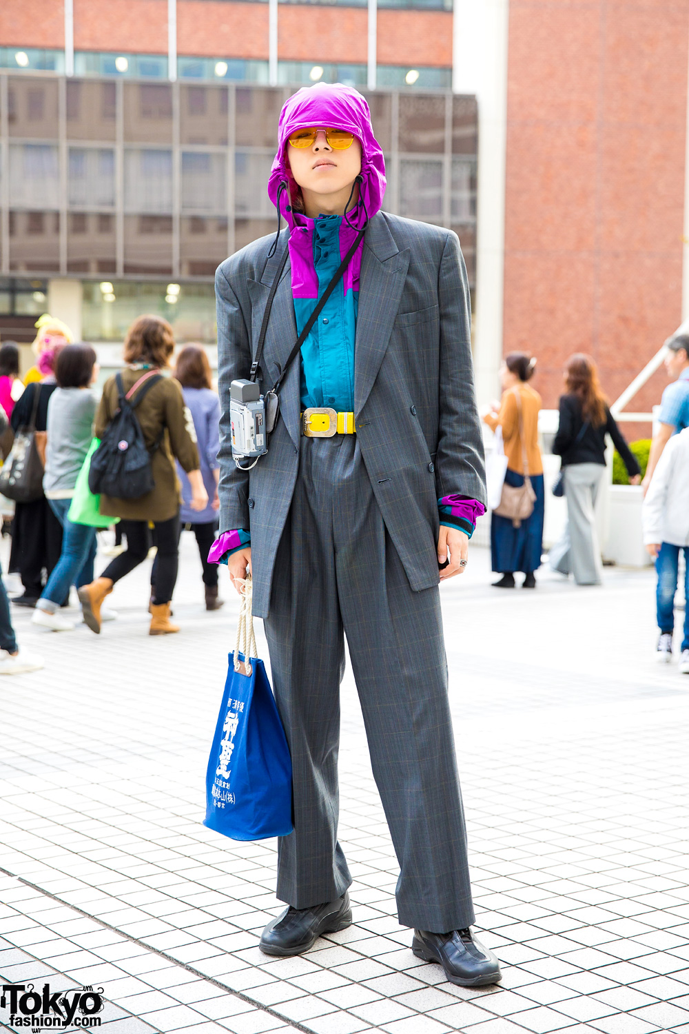 Japanese Streetwear Style w/ Hoodie Under Vintage Suit, Yellow Belt & Sneakers