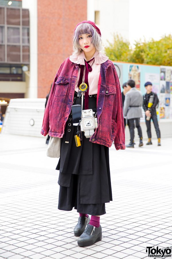 Red Acid Wash Denim Jacket , Yohji Yamamoto Bag, Retro Robot & Bunka Fashion College Accessories