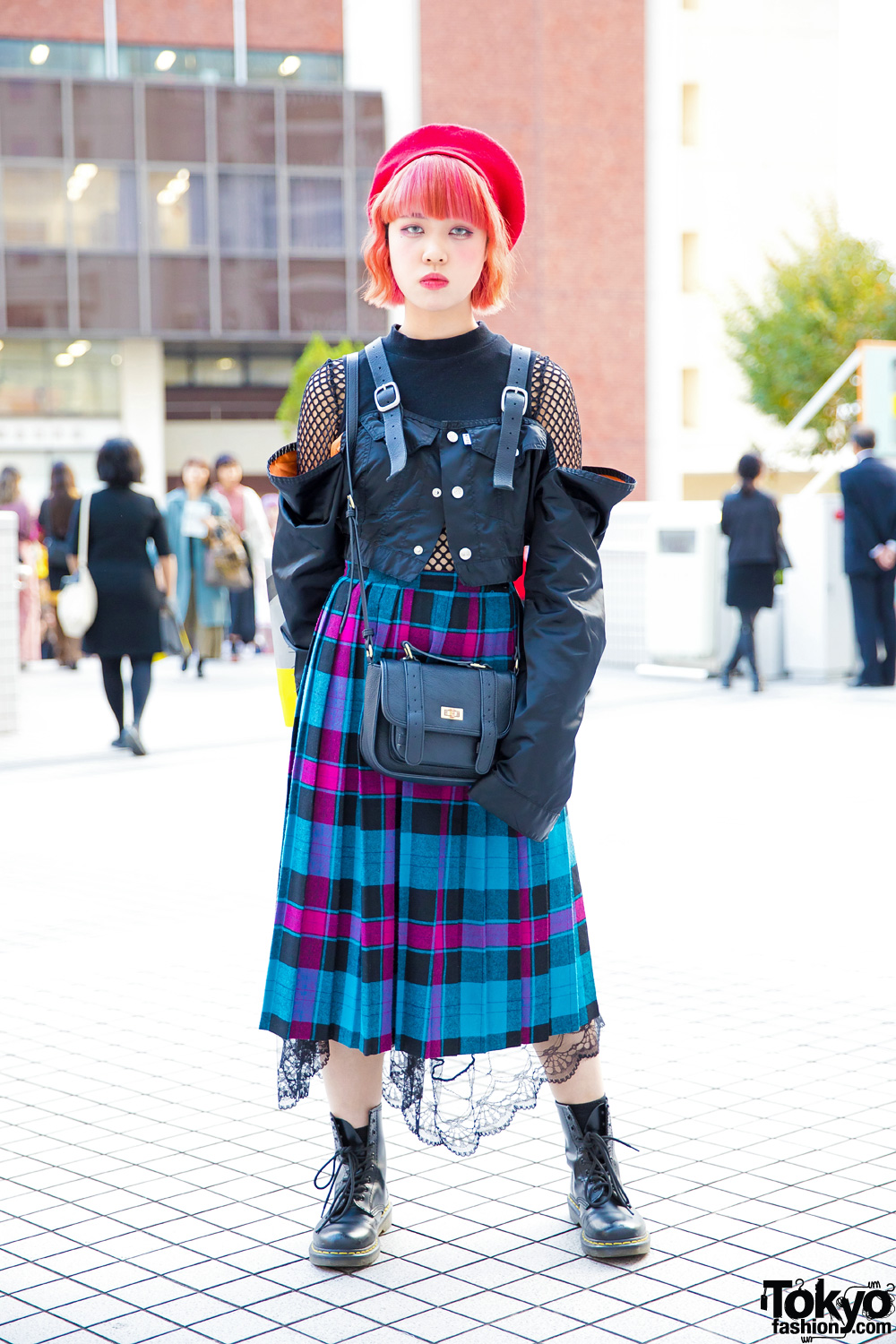 Plaid Pleated Midi Skirt, Fishnet Top, Black Lace, Beret & Dr. Martens Boots in Tokyo