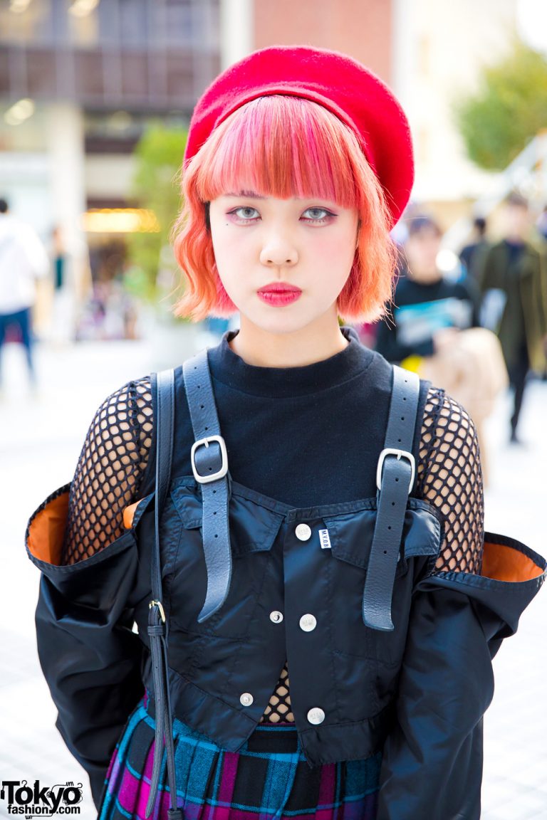 Plaid Pleated Midi Skirt, Fishnet Top, Black Lace, Beret & Dr. Martens ...