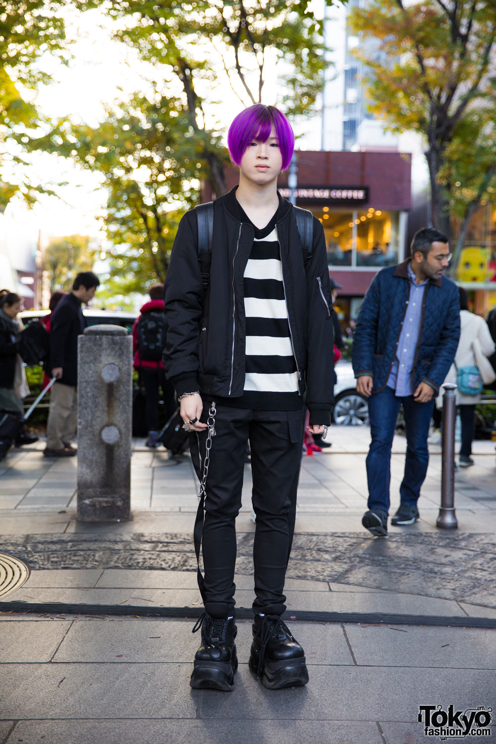 Purple-Haired Harajuku Guy in Monochrome Streetwear w/ WEGO, Uniqlo, Legenda, Nyulycadelic, Demonia, Alice Black & Vivienne Westwood