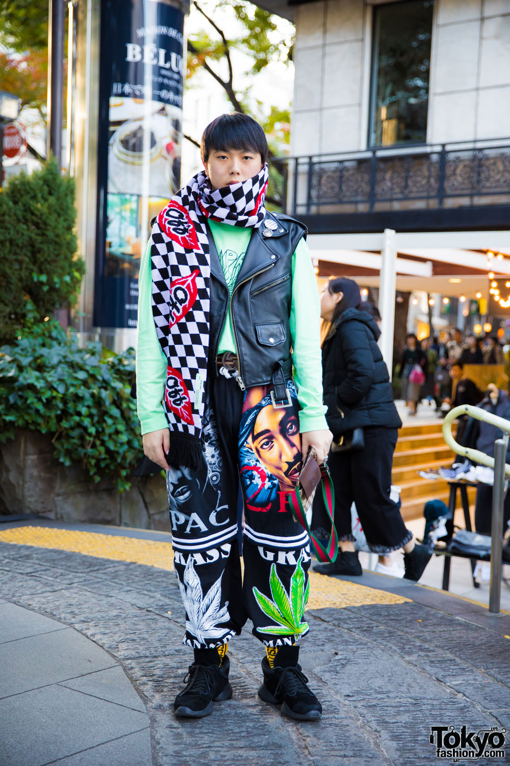 Harajuku Guy in Thrift Tokyo Leather Vest, Supreme & Dog Harajuku Fashion