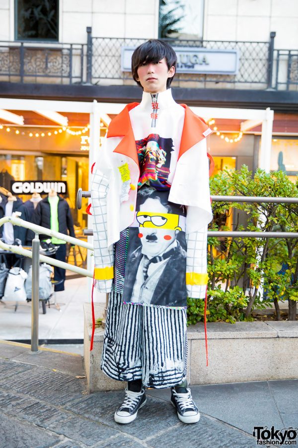 Avant-Garde Japanese Street Style w/ Long Graphic Jacket by Seki, Printed Pants & Converse