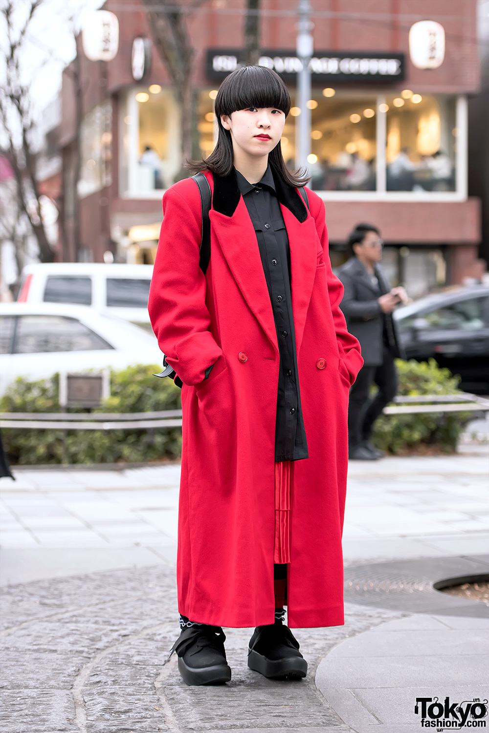 Minimalist Japanese Style w/ Otoe Red Maxi Coat, Tokyo Bopper Shoes & Tokyo Bopper Backpack