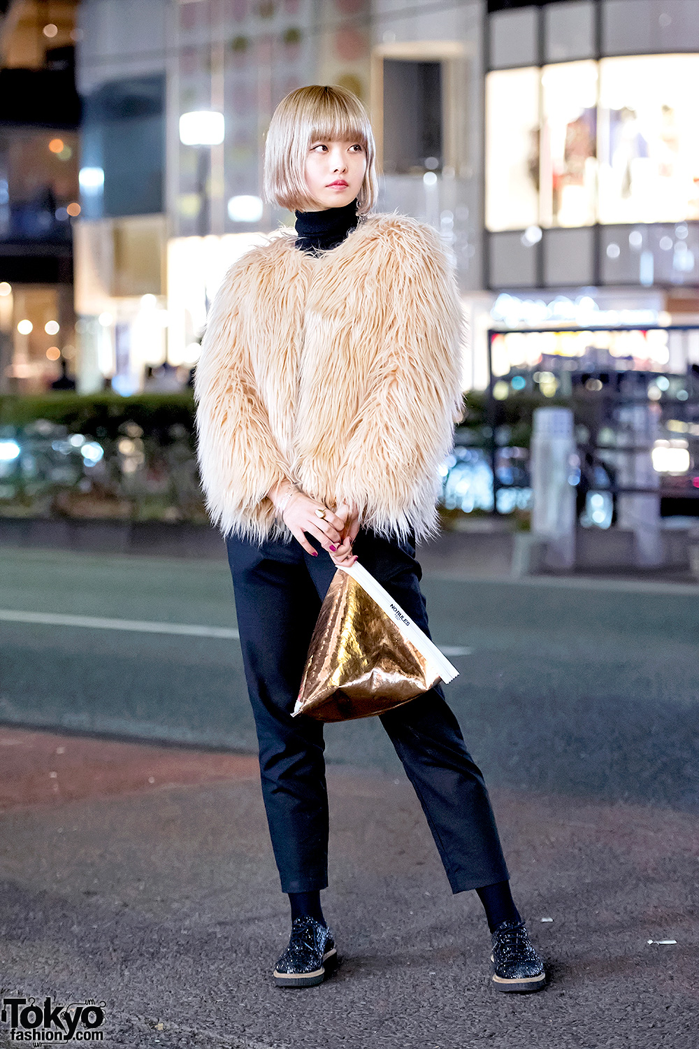 Vintage Faux Fur Coat, Cropped Pants & Gold Ameri Vintage Clutch Purse in Harajuku