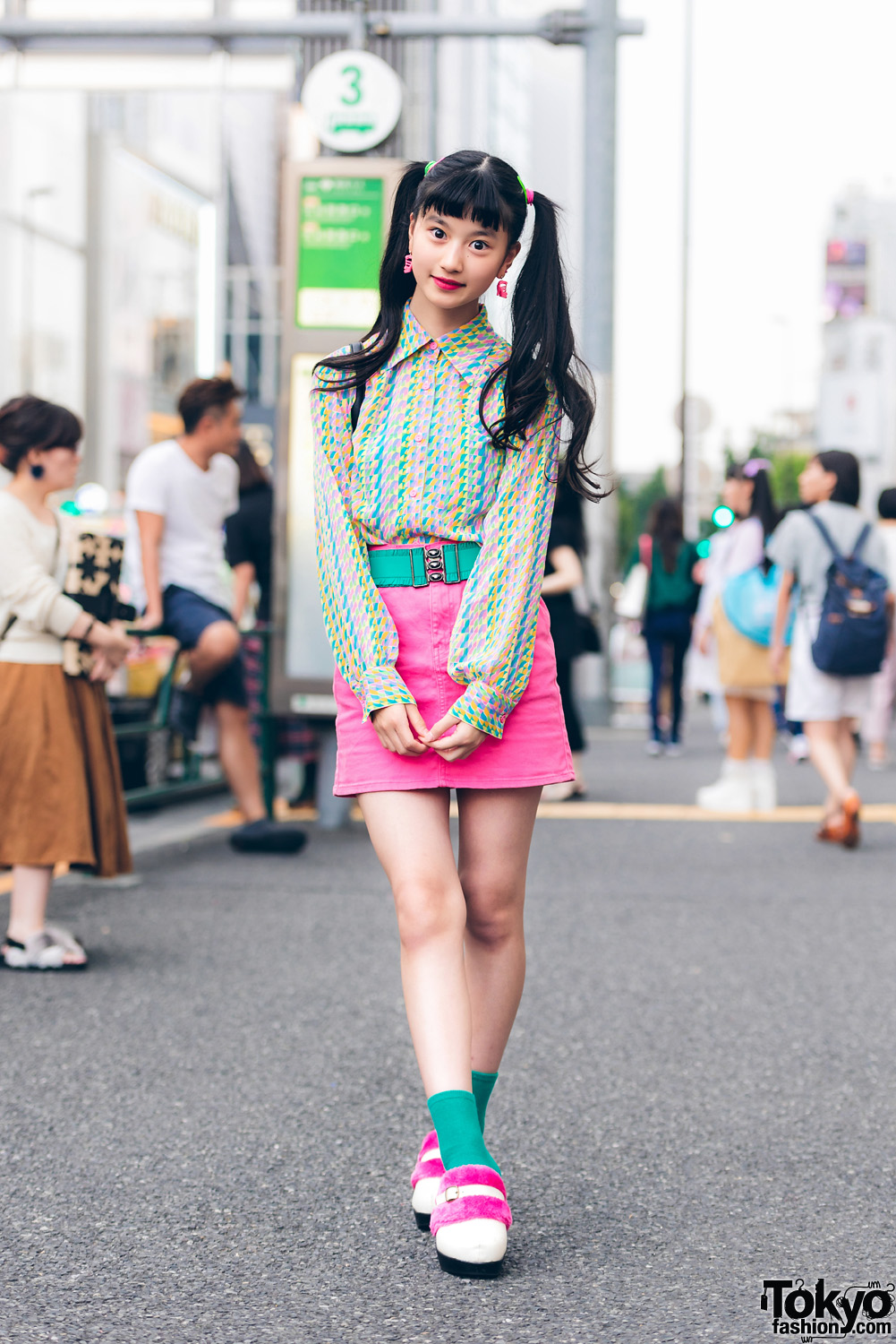 Japanese Model & Actress in Colorful Street Style w/ Vintage Denim Skirt, Hand-Me-Down Quilted Backpack & G2? Ruffle Belt