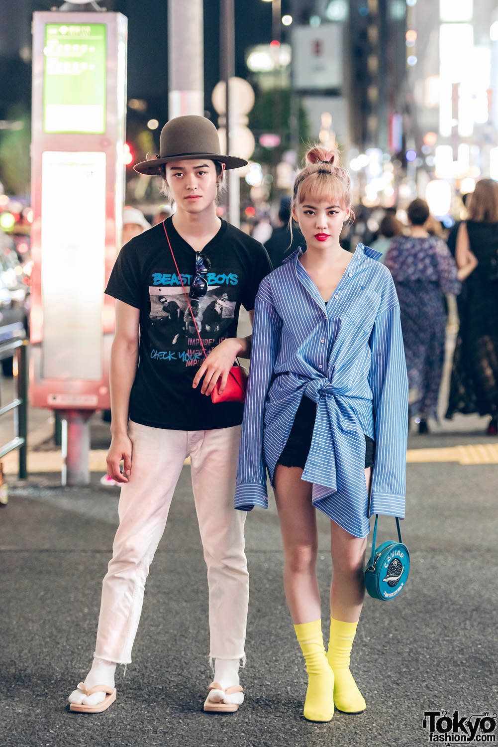 Harajuku Duo in Stylish Casual Streetwear w/ Beastie Boys Band T-Shirt, Acne, Hender Scheme, Chrome Hearts, Vetements & Olympia Le-Tan