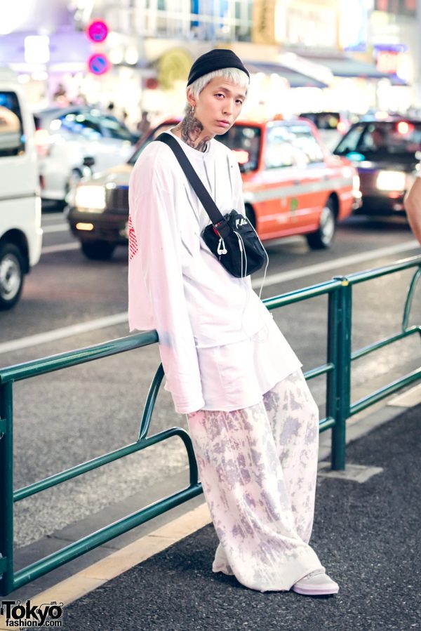 All White Harajuku Street Style w/ Neck Tattoo, Refaitslaves, Vans & Places+Faces