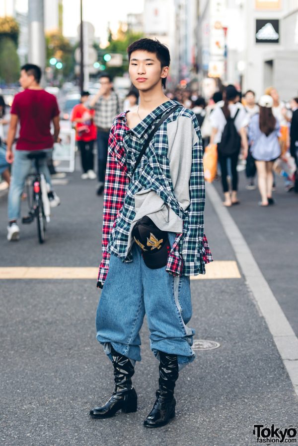 Harajuku Guy in Vintage Remake Fashion w/ Two-Tone Plaid Shirt, Knee-High Leather Boots & Gucci Sling Bag