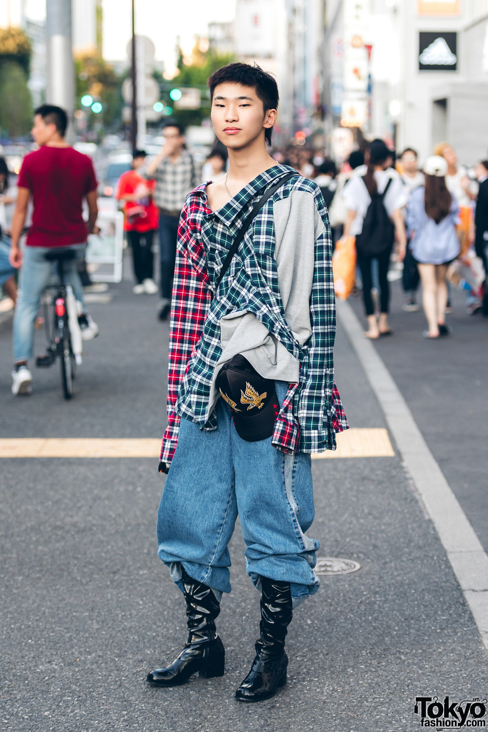 Harajuku Guy in Vintage Remake Fashion w/ Two-Tone Plaid Shirt, Knee-High Leather Boots & Gucci Sling Bag