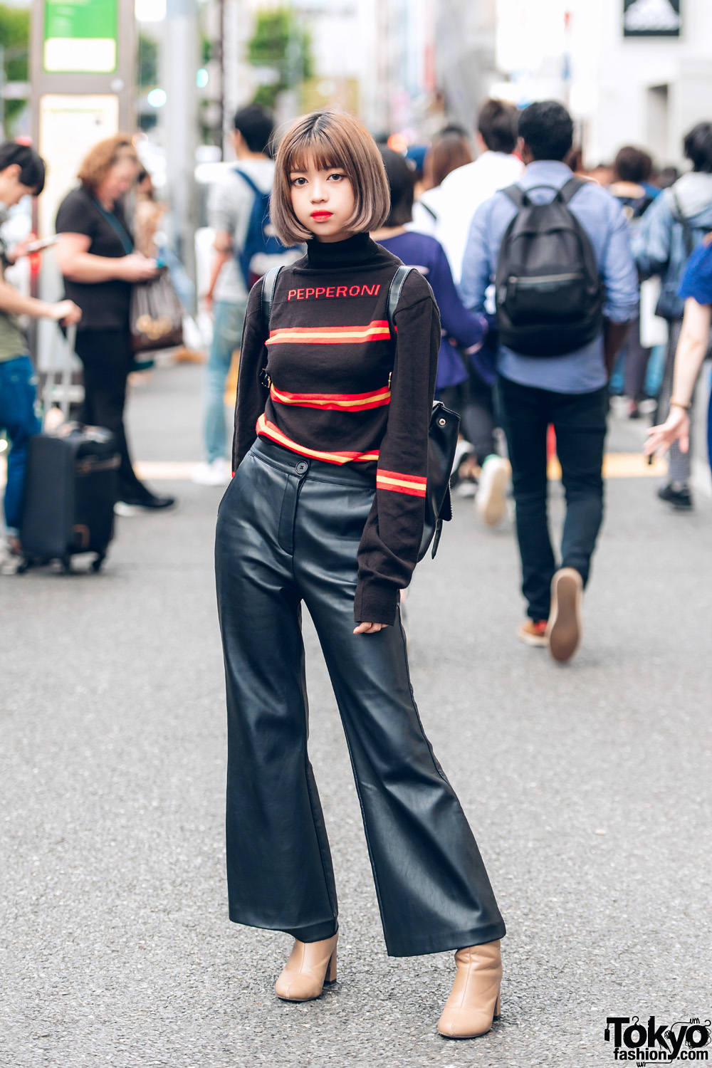 Japanese Student in Pepperoni Sweater and Faith Tokyo Leather Pants